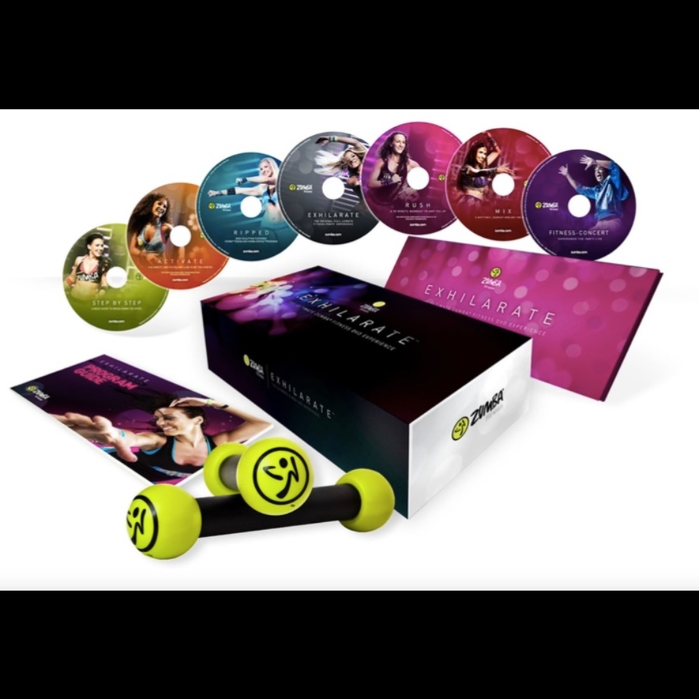 Zumba Exhilarate DVDs, set of 7 with toning sticks